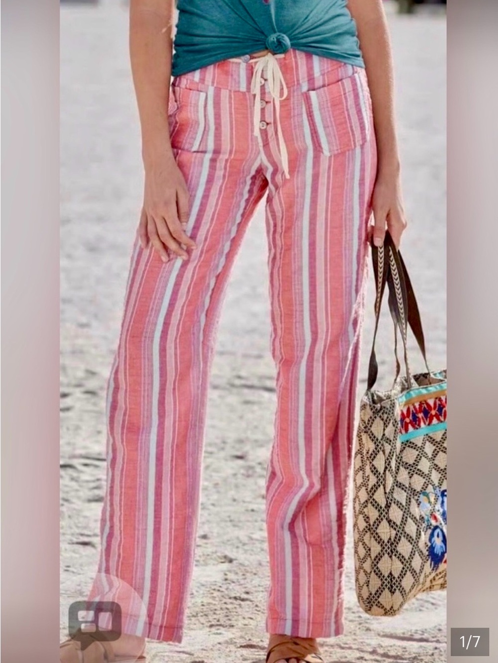 Sundance GiGi Gauze Striped Coral & Aqua Wide Leg Pants